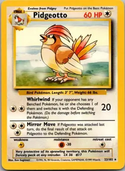 Pidgeotto 22/102 Rare Base Set Unlimited Pokemon Lightly Played - Image 1