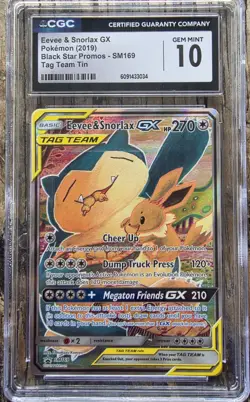 2019 CGC 10 Eevee & Snorlax GX SM169 Black Star Promo Tag Team Tin Pokemon Card - Image 1