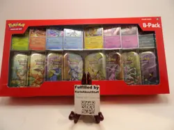 Pokemon TCG Prismatic Evolutions 8 Mini Tins Display Costco USA Exclusive Promos - Image 1