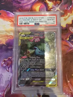 POKEMON CARD P.M SM BLACK STAR VENUSR & SNIVY GX SM229 TAG TEAM PSA 10 - Image 1