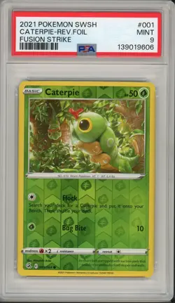 2021 Pokemon SWSH Fusion Strike Caterpie Reverse Foil #001 PSA 9 Pop 3 - Image 1