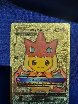 Pokemon Pikachu Mega Charizard Y Gold Foil Fan Art Collector Card Poncho TCG - Image 3
