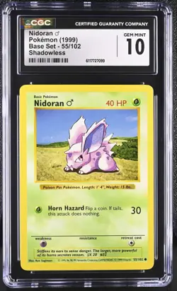 Pokemon Card Nidoran 55/102 Shadowless Base Set 1999 CGC 10 GEM MINT - Image 1