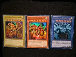 YuGiOh Egyptian God Set YGLD Ultra Rare Slifer Ra Obelisk Anime Color Back NM - Image 2