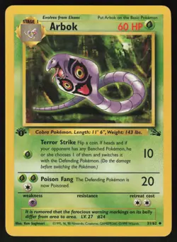 Pokemon Arbok Uncommon 1st Edition Fossil 31/62 NM - Image 1