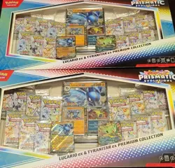 2 x POKEMON PRISMATIC EVOLUTIONS LUCARIO EX/TYRANITAR EX PREMIUM COLLECTION SET - Image 1