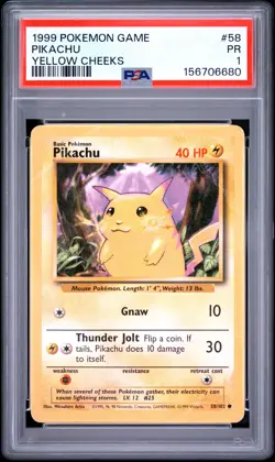 1999 POKEMON BASE SET UNLIMITED YELLOW CHEEKS #58 PIKACHU PSA 1 - Image 1