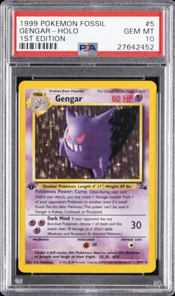 1999 POKEMON FOSSIL 1ST EDITION #5 GENGAR-HOLO PSA 10 - Image 1