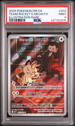 Team Rocket's Meowth 203/182 PSA 9 Illustration Rare DRI Pokemon 2025 - Image 1