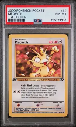 2000 Pokemon 1st Edition Team Rocket - MEOWTH #62 - PSA 8, Near Mint/Mint - Image 3