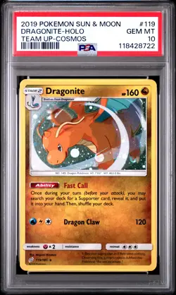 2019 POKEMON SUN & MOON TEAM UP COSMOS #119 DRAGONITE-HOLO PSA 10 - Image 1
