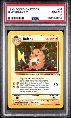 1999 POKEMON FOSSIL #14 RAICHU-HOLO PSA 8 - Image 1