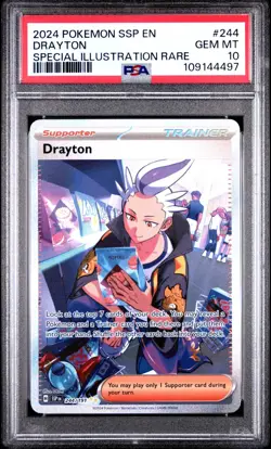 2024 POKEMON SSP EN-SURGING SPARKS SPECIAL ILLUSTRATION RARE #244 DRAYTON PSA 10 - Image 1