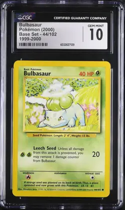 CGC 10 GEM MINT Bulbasaur 44/102 Base Set 1999-2000 4th Print Vintage Pokemon - Image 1