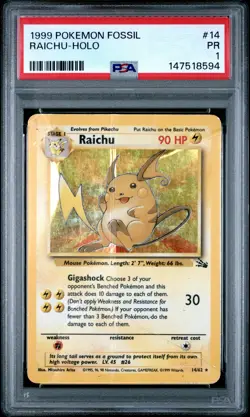 1999 POKEMON FOSSIL #14 RAICHU-HOLO PSA 1 - Image 1