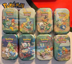All 8 Sealed Mini Tins Set from Pokemon Celebrations 25th with Used Display Box - Image 1
