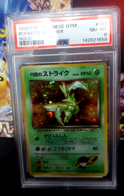 1998 Pokemon Japanese Gym Rocket's Scyther Holo #123 PSA 8 NM-MT - Image 1
