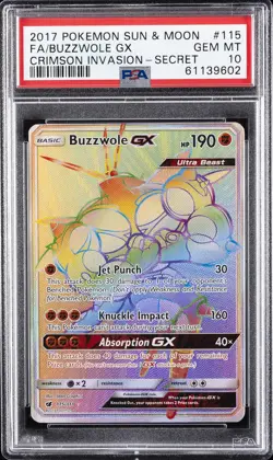 2017 POKEMON SUN & MOON CRIMSON INVASION SECRET #115 FULL ART/BUZZWOLE GX PSA 10 - Image 1