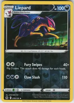 Pokemon Liepard 078/159 Crown Zenith LP card Reverse Holo - Image 1