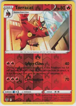 Pokemon Torracat 031/195 SWSH12: Silver Tempest LP card Reverse Holo - Image 1