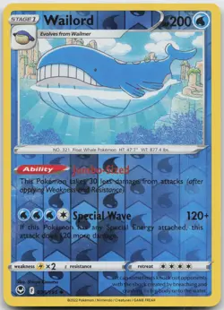 Wailord 038/195 Uncommon Silver Tempest Pokemon Reverse Holo Near Mint - Image 1