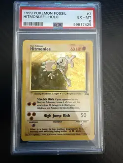 1999 Pokemon Fossil Hitmonlee Holo Card 7/62 PSA 6 Ex-MT - Free and fast shippin - Image 1