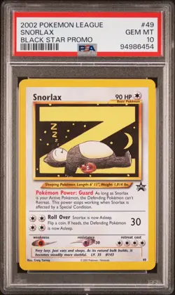 PSA 10 2002 Black Star Promo Pokemon League Card Snorlax 49 - GEM MINT - Image 1
