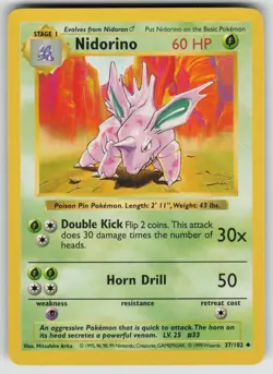 Nidorino 37/102 Uncommon Base Set Shadowless Pokemon Unlimited Lightly Played - Image 1