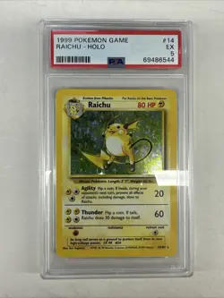 1999 POKEMON BASE SET UNLIMITED #14 RAICHU-HOLO PSA 5 - Image 1