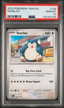 2024 POKEMON TWM EN-TWILIGHT MASQUERADE #136 SNORLAX PSA 10 - Image 1