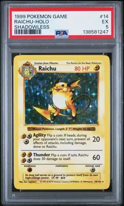 1999 Pokemon Raichu Holo 14/102 Base Set Shadowless in a PSA 5 EX Low POP - Image 1
