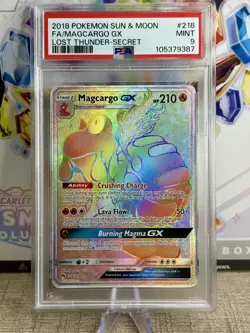 2018 Pokemon Sun & Moon Lost Thunder Magcargo GX Secret Rare #218 PSA 9 Mint - Image 1