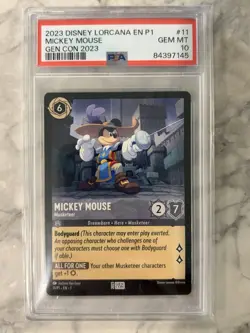 2023 Disney Lorcana En P1 Gen Con Mickey Mouse Musketeer Promo Card PSA 10 - Image 1