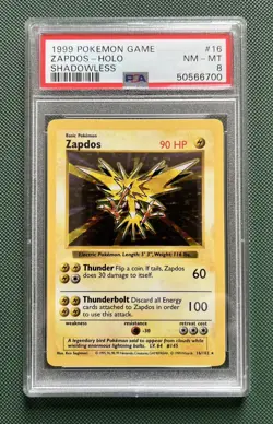 PSA 8 Zapdos 16/102 - Shadowless Base Set Holo Rare - Pokemon Card - Image 1