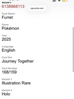 CGC 10 PRISTINE Furret 168/159 Journey Together Illustration Rare Pokemon Card - Image 3