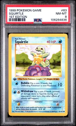 1st Edition Shadowless Squirtle PSA 8 Pokemon Card WOTC 1999 63/102 NM - Image 1