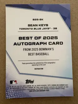 2025 Sean Keys Bowman’s Best of 2025 Refractor Auto Card #B25-SK Blue Jays - Image 2