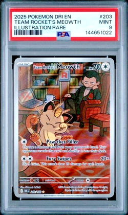 Team Rocket's Meowth 203/182 Illustration Rare 203 Destined Rivals PSA 9 Mint - Image 1
