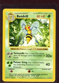 Shadowless Beedrill Non-Holo Rare 1999 WOTC Pokemon Card 17/102 Base Set LP - Image 1