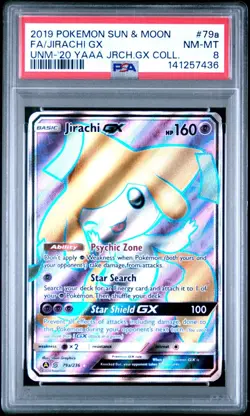 2019 Pokemon Sun & Moon Unified Minds FA Full Art Holo JIRACHI GX #79a/236 PSA 8 - Image 1