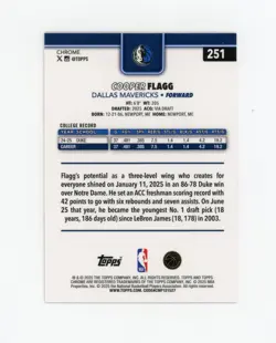 COOPER FLAGG 2025-26 Topps Chrome Red White & Blue Refractor Rc #251 Mavericks - Image 2