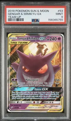 2019 POKEMON SUN & MOON TEAM UP #53 GENGAR & MIMIKYU GX PSA 9 New Cert - Image 1