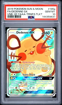 2019 POKEMON SUN & MOON UNBROKEN BONDS #195A FULL ART/DEDENNE GX PSA 10 - Image 1