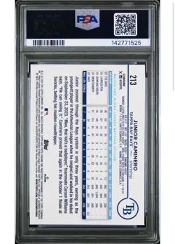 2024 Topps Chrome Junior Caminero Blue Refractor /150 Rookie RC SP PSA 9 #213 - Image 2