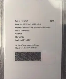 2025 Panini Select #1 WNBA MYSTERY AUTOGRAPHS REDEMPTION CARD - Image 1