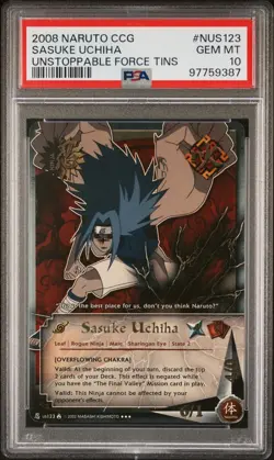 PSA 10 2008 NARUTO CCG CARD UNSTOPPABLE FORCE TINS #NUS123 SASUKE UCHIHA - Image 1