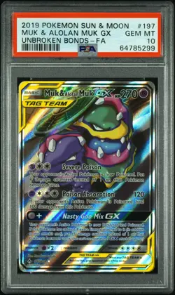 Muk & Alolan Muk GX 2019 Pokemon Sun & Moon Unbroken Bonds FA 197/214 PSA 10 - Image 1