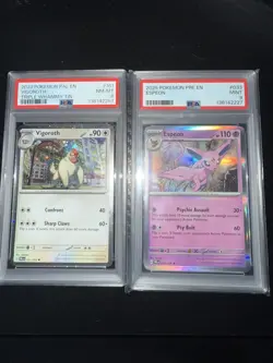 Pokemon PSA- 2 card lot 2025 Espeon M 9, 2023 Vigoroth Triple Whammy Tin NM 8 - Image 1