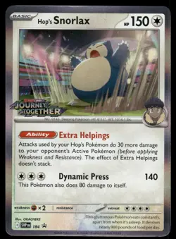 Hop's Snorlax (Prerelease) 184 Holo Promo Scarlet & Violet Promo Pokemon Holo NM - Image 1