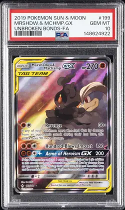 2019 POKEMON SUN & MOON UNBROKEN BONDS FULL ART/MARSHADOW & MACHAMP GX PSA 10 - Image 1